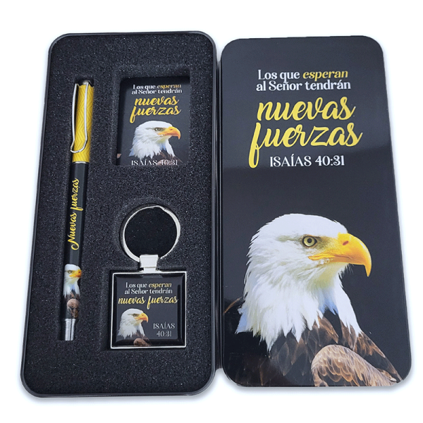 Caja Metálica con Llavero, Bolígrafo, y Tarjeta: Nuevas fuerzas - Isaías 40:31 - Image 2