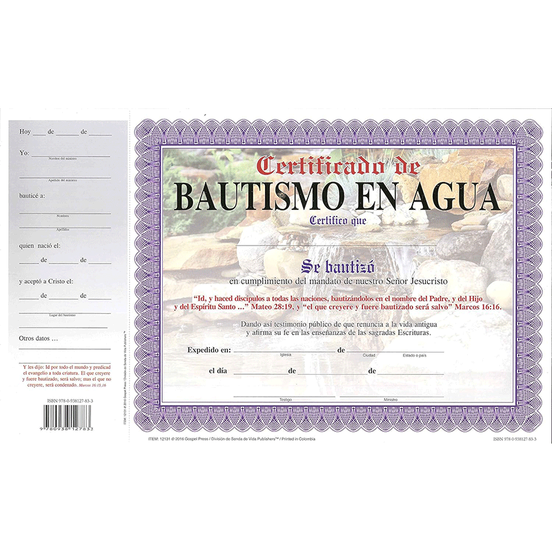 Certificado de bautismo en agua